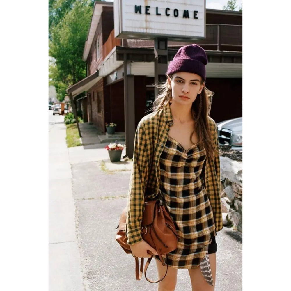 Urban Outfitters Lioness Sun City Plaid Sweetheart Neck Mini Dress Yellow Small - Picture 4 of 13